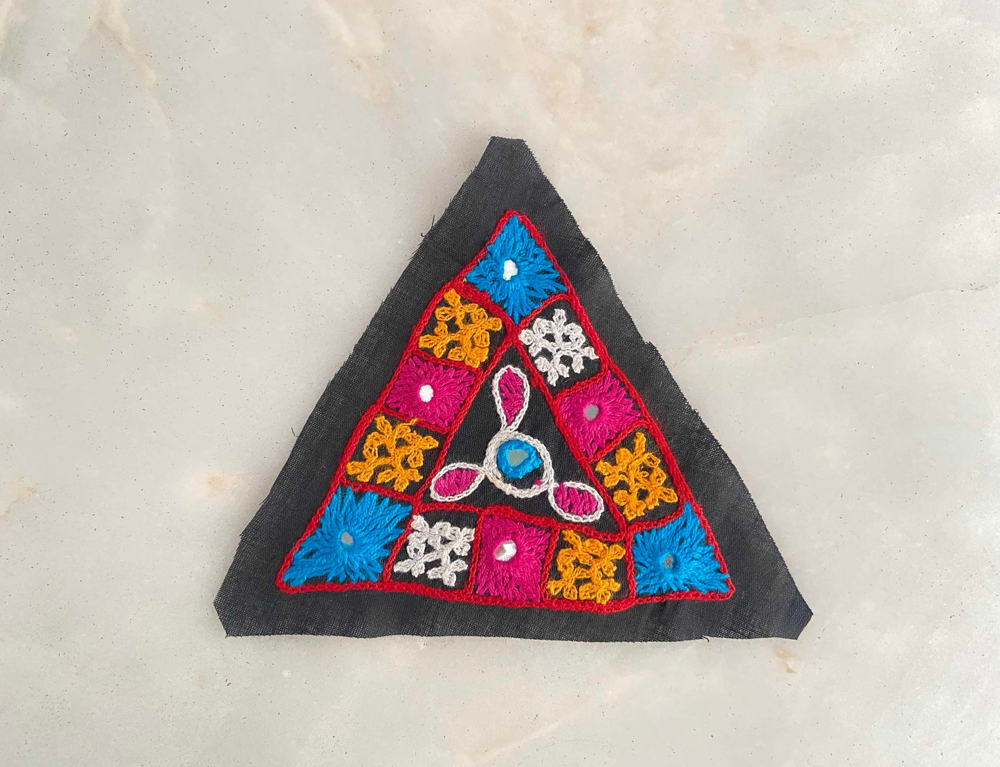 Black Multicolour Kutchi Embroidered Patch,Handmade Triangle Mirror Applique, Boho Tribal Banjara Black Mirror Embroidery Patch, DIY Patch