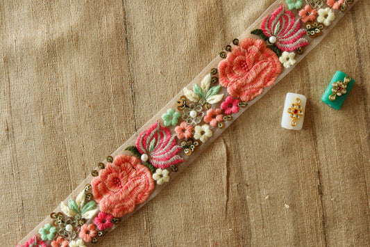 Pink Floral Embroidered Net Trim,Pink Floral Border, Peach Fuzz Net Lace,Indian Fabric Trim,Saree Border,Price/mtr
