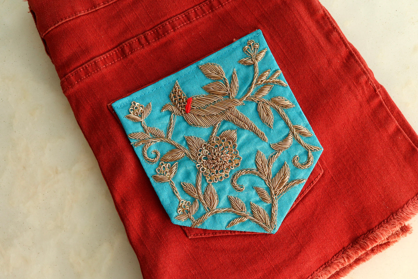 Blue Gold Embroidered Pocket Patch,Handmade Indian Blue Pocket Applique,Boho Kitschy Floral Bird Patch,DIY Denim Jacket Patch