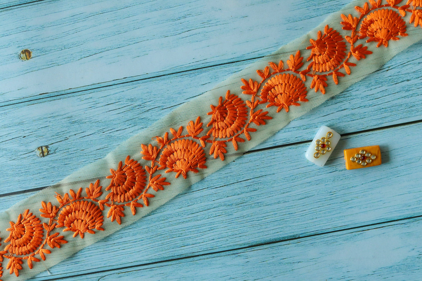 Orange Floral Net Embroidered Trim,Floral Net Border,Orange Floral Lace,Indian Fabric Trim,Saree Border,インド刺繍リボン,Price/mtr