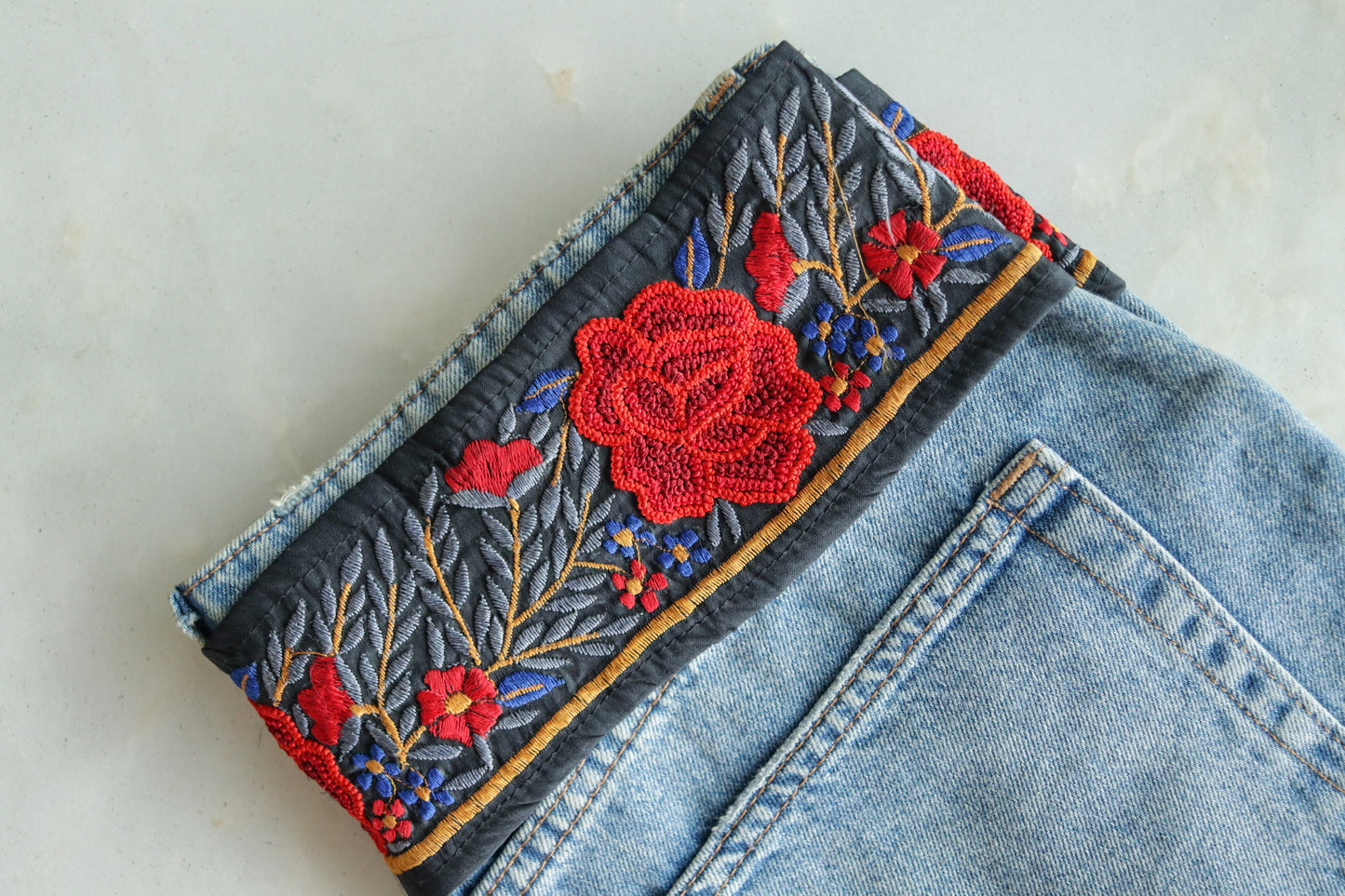 Black Red Floral Embroidered Handmade Trim,Calcutta Broad Silk Floral Rose Border,Bridal Designer Lace,OOAK Floral Saree Border,Price/mtr