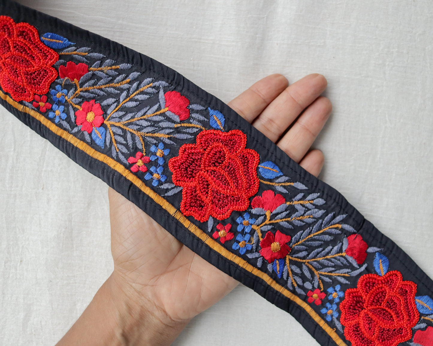 Black Red Floral Embroidered Handmade Trim,Calcutta Broad Silk Floral Rose Border,Bridal Designer Lace,OOAK Floral Saree Border,Price/mtr