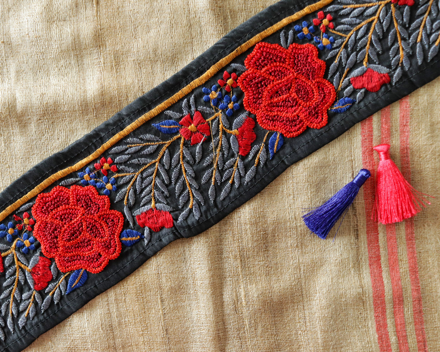 Black Red Floral Embroidered Handmade Trim,Calcutta Broad Silk Floral Rose Border,Bridal Designer Lace,OOAK Floral Saree Border,Price/mtr