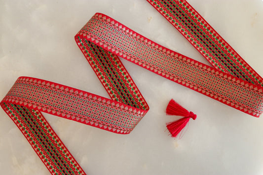 Red Silver Floral Jacquard Trim,Brocade Paithani Border,Indian Brocade Lace,Red Silver Vintage Trim,Red Saree Border,Price/mtr