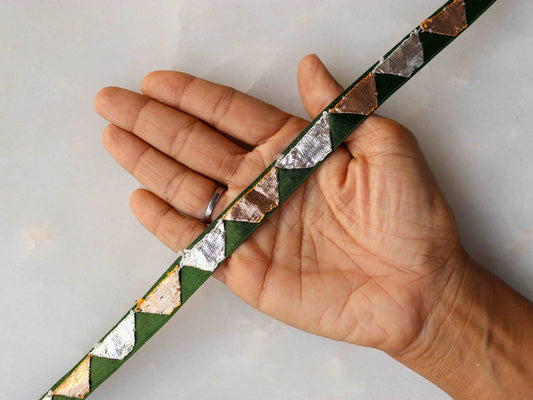 Green Gold Gota Embroidered Trim,Gold Silver Triangle Border,Gota Triangle Lace,Green Bridal Saree Border,Indian Fabric Trim,Price/mtr