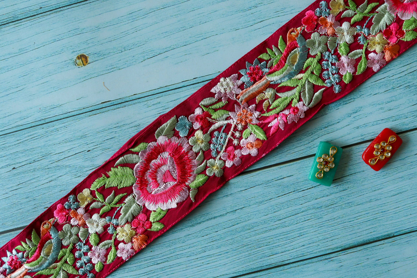 Red Pink Bird Embroidered Trim,Floral Red Parrot Border,Bright Red Floral Bird Lace,Indian Parsi Floral Saree Border,インド刺繍リボン,Price/mtr