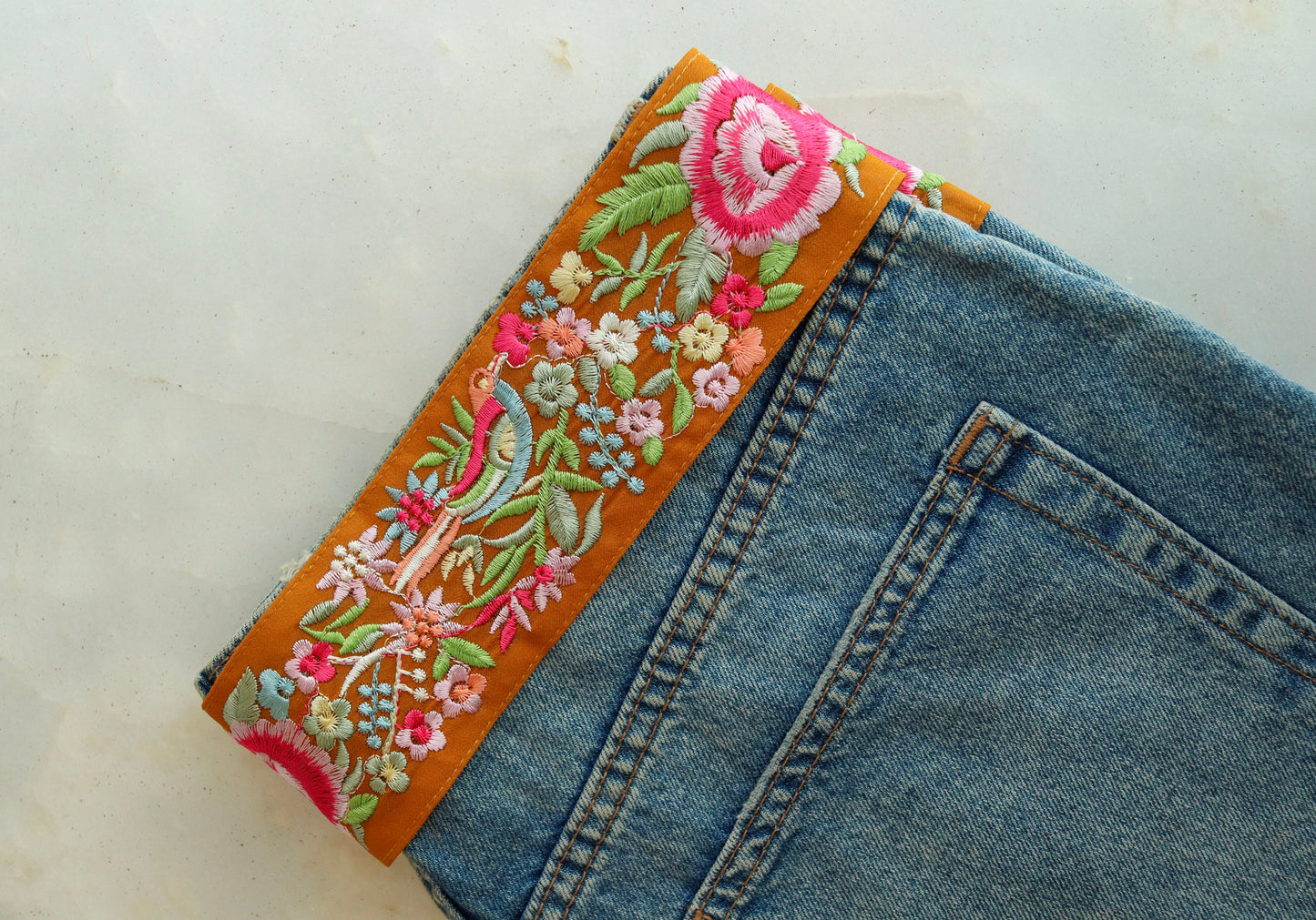 Orange Pink Bird Embroidered Trim, Floral Parrot Border, Orange Floral Bird Lace,Indian Parsi Floral Saree Border, インド刺繍リボン, Price/mtr