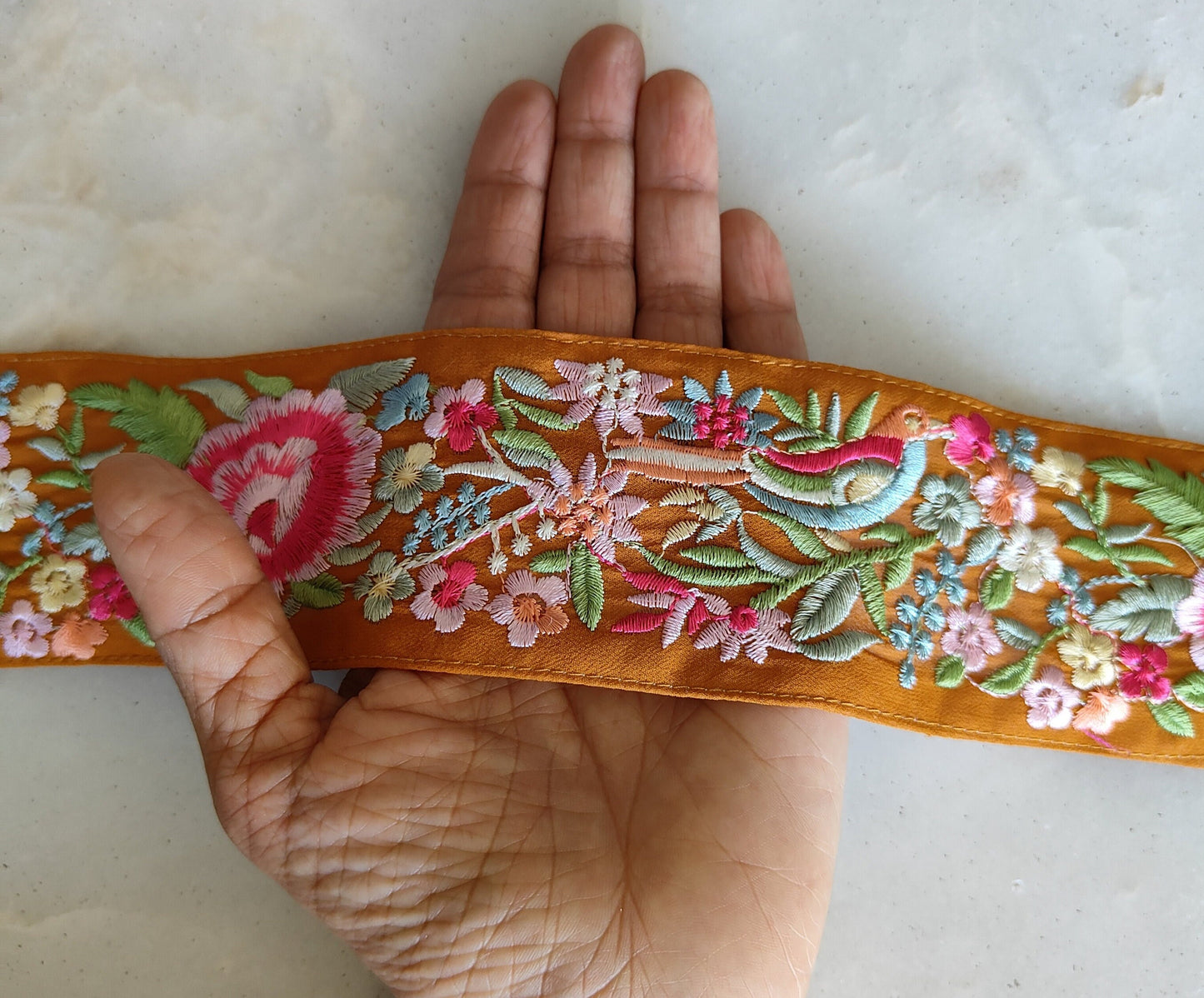 Orange Pink Bird Embroidered Trim, Floral Parrot Border, Orange Floral Bird Lace,Indian Parsi Floral Saree Border, インド刺繍リボン, Price/mtr