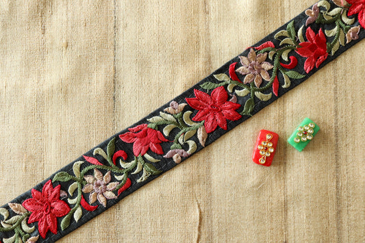 Black Red Floral Embroidered Trim,Indian Fabric Embroidered Border,Black Floral Lace,Parsi Embroidery Border,Floral Saree Border,Price/mt