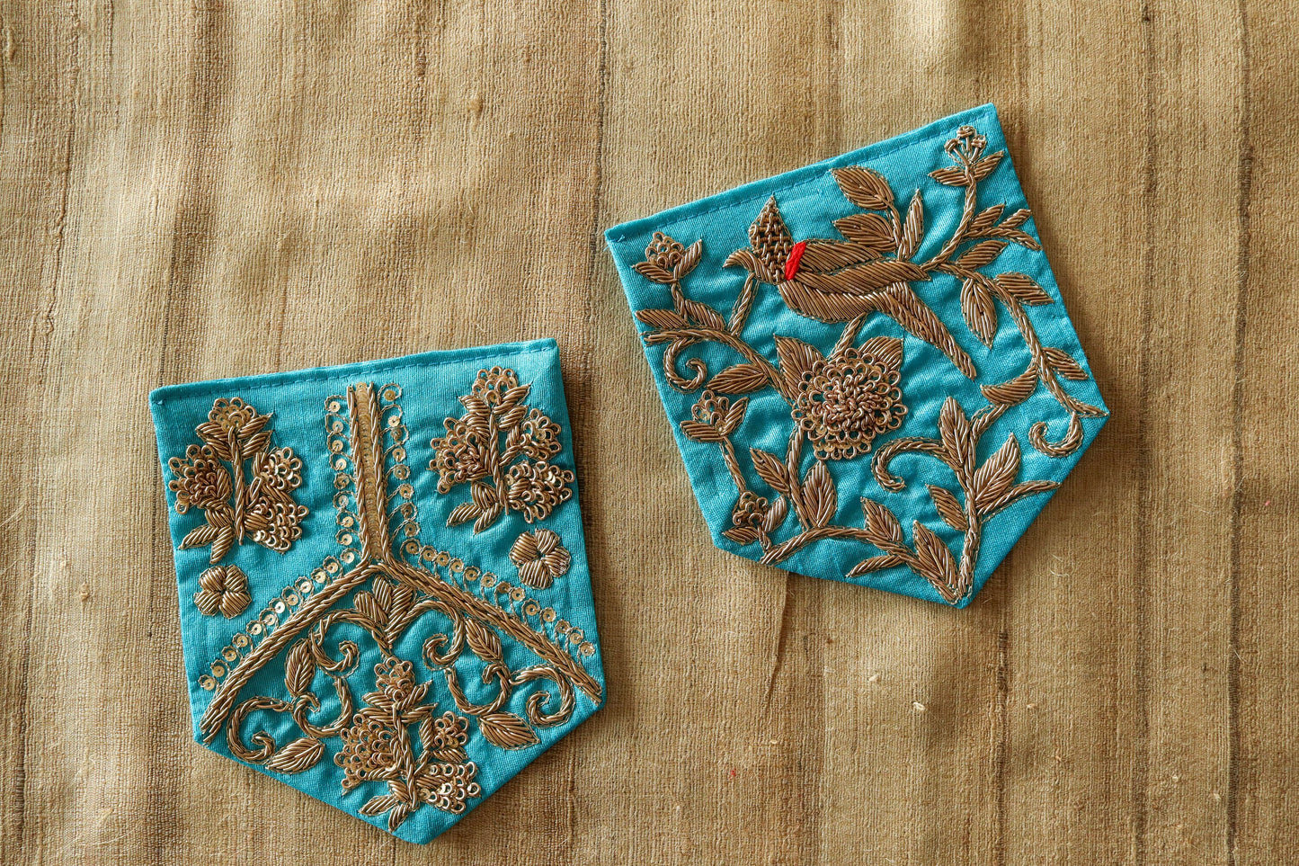 Blue Gold Embroidered Pocket Patch,Handmade Indian Blue Pocket Applique,Boho Kitschy Floral Bird Patch,DIY Denim Jacket Patch