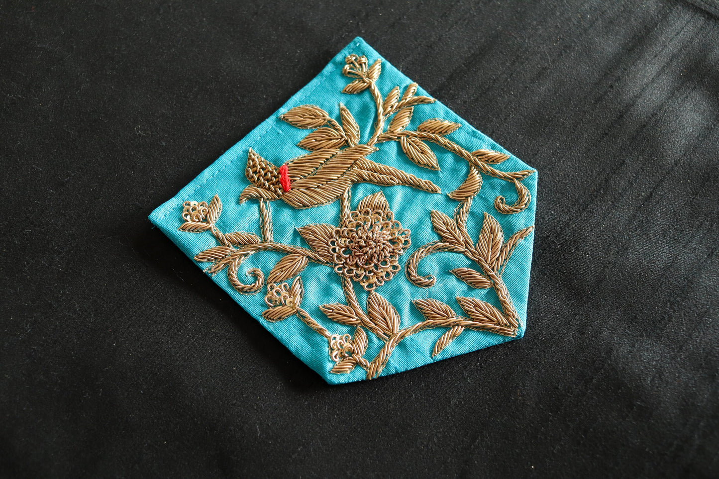 Blue Gold Embroidered Pocket Patch,Handmade Indian Blue Pocket Applique,Boho Kitschy Floral Bird Patch,DIY Denim Jacket Patch
