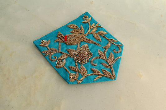Blue Gold Embroidered Pocket Patch,Handmade Indian Blue Pocket Applique,Boho Kitschy Floral Bird Patch,DIY Denim Jacket Patch
