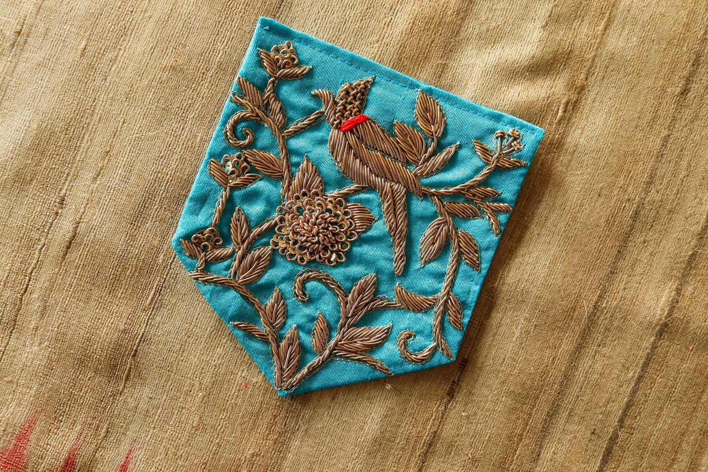 Blue Gold Embroidered Pocket Patch,Handmade Indian Blue Pocket Applique,Boho Kitschy Floral Bird Patch,DIY Denim Jacket Patch