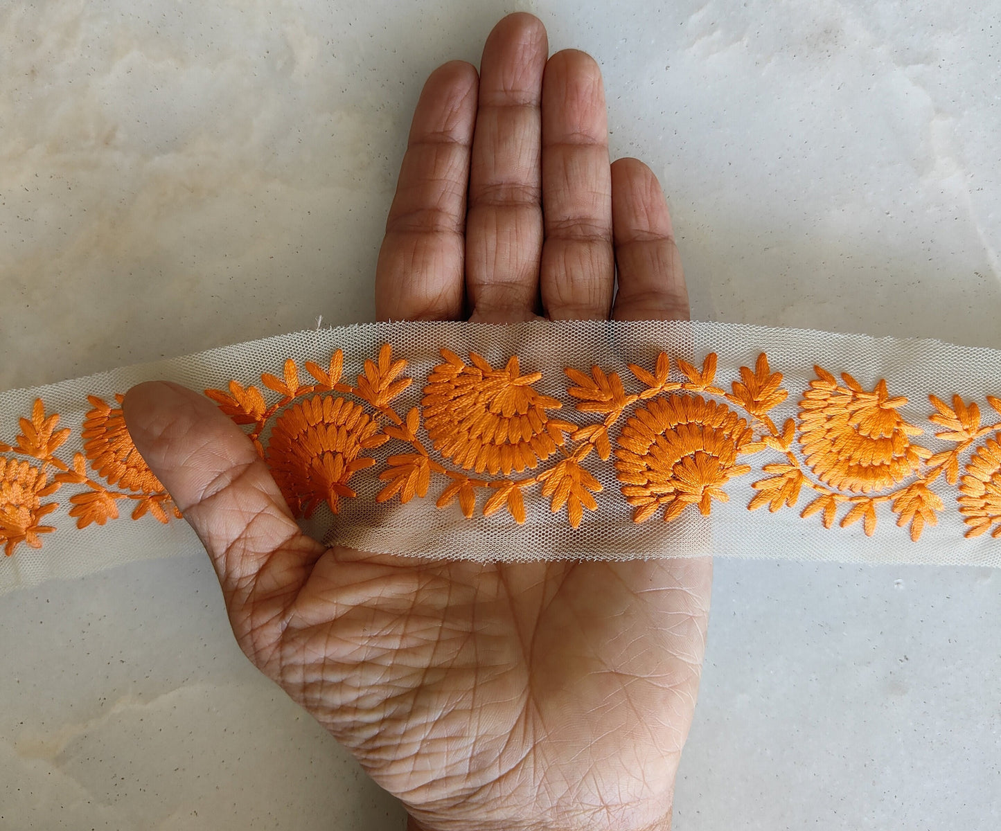 Orange Floral Net Embroidered Trim,Floral Net Border,Orange Floral Lace,Indian Fabric Trim,Saree Border,インド刺繍リボン,Price/mtr