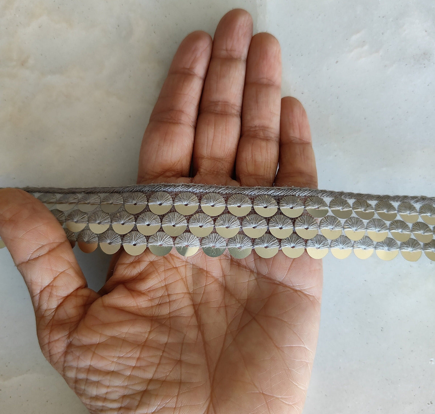 Grey Gold Sequin Fringe Trim,Handmade Grey Sequin Net Border,Boho Light Gold Grey Lace,Belly Dancing Coin Saree Border,インド刺繍リボン,Price/mtr