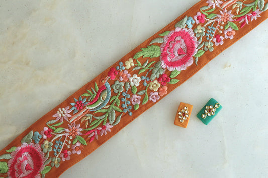 Orange Pink Bird Embroidered Trim,Floral Orange Parrot Border,Orange Floral Bird Lace,Indian Parsi Floral Saree Border,インド刺繍リボン,Price/mtr