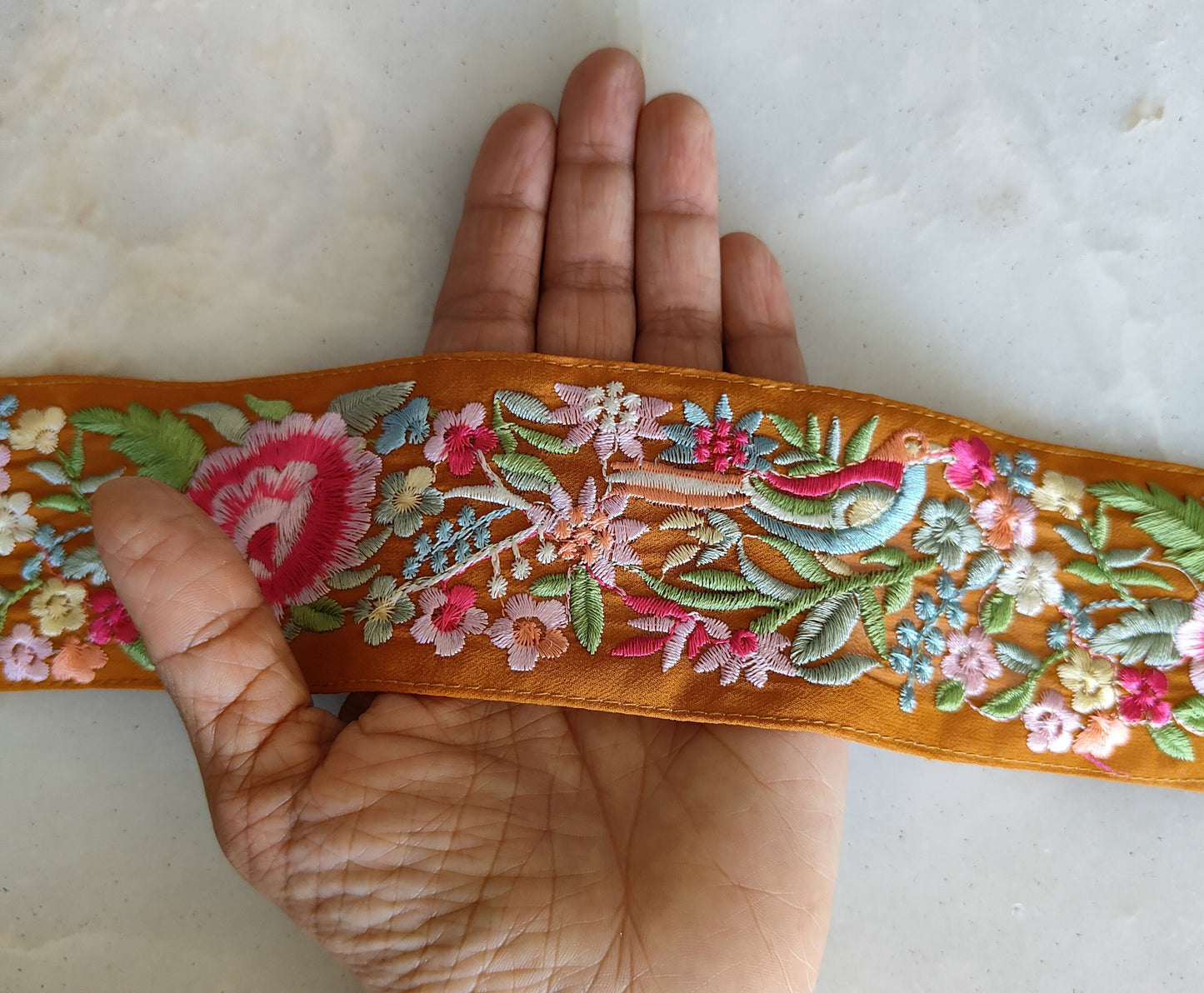 Orange Pink Bird Embroidered Trim,Floral Orange Parrot Border,Orange Floral Bird Lace,Indian Parsi Floral Saree Border,インド刺繍リボン,Price/mtr