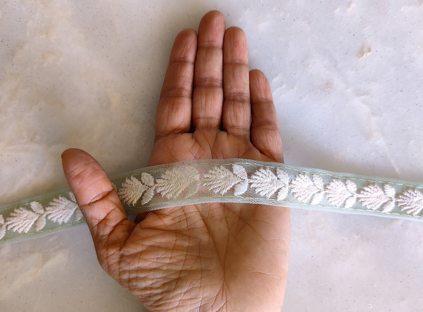 Green White Floral Embroidered Trim, Indian Fabric Net Embroidered Border, Lucknowi Chikankari Lace, Mint Saree Border, インド刺繍リボン, Price/mtr