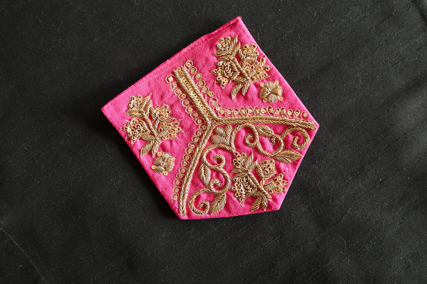 Pink Gold Embroidered Pocket Patch,Handmade Indian Pink Pocket Applique,Boho Kitschy Floral Patch,DIY Denim Jacket Patch