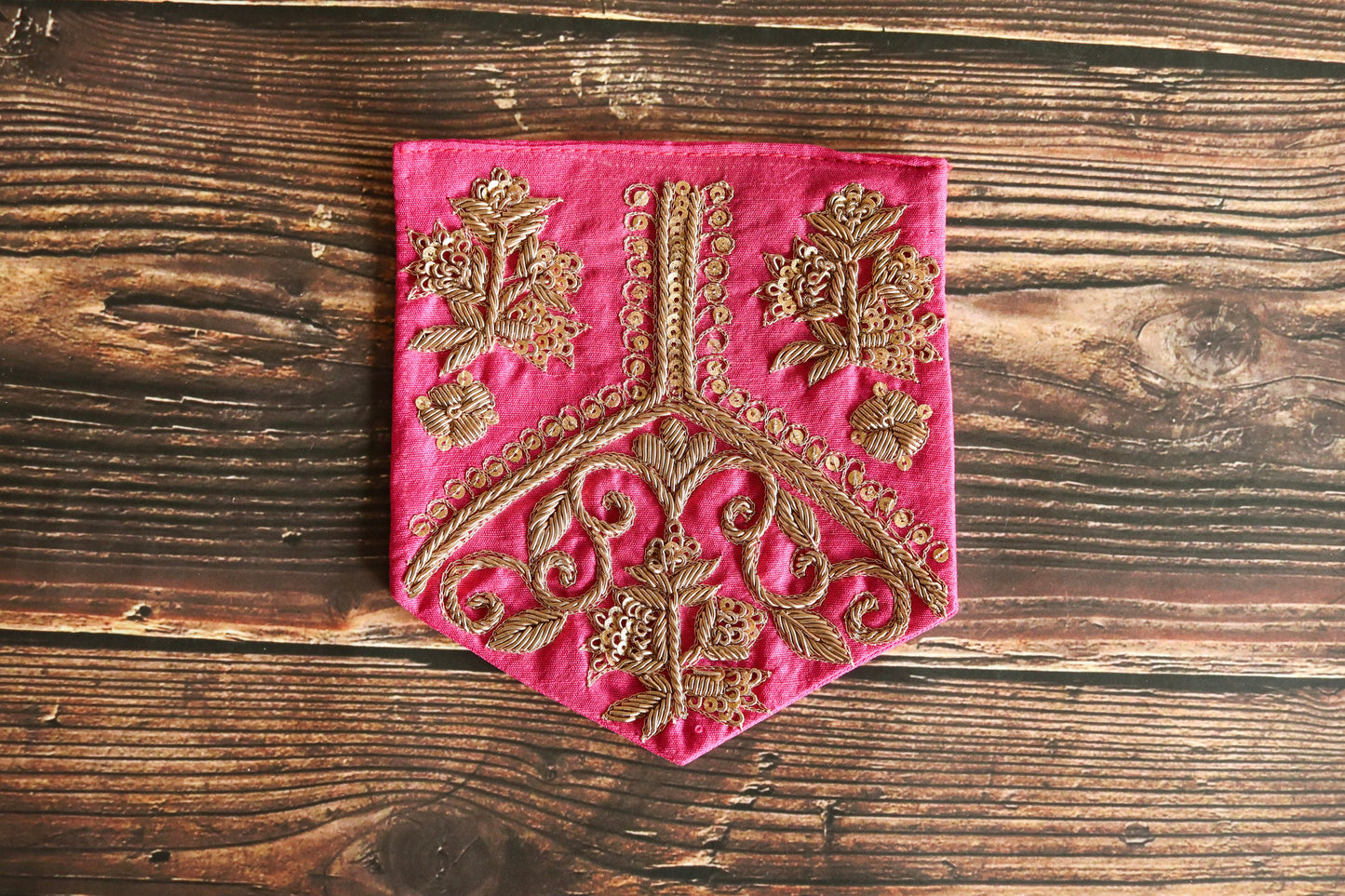 Pink Gold Embroidered Pocket Patch,Handmade Indian Pink Pocket Applique,Boho Kitschy Floral Patch,DIY Denim Jacket Patch