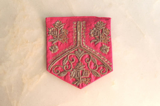 Pink Gold Embroidered Pocket Patch,Handmade Indian Pink Pocket Applique,Boho Kitschy Floral Patch,DIY Denim Jacket Patch