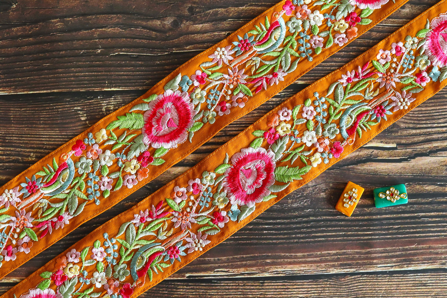 Orange Pink Bird Embroidered Trim,Floral Orange Parrot Border,Orange Floral Bird Lace,Indian Parsi Floral Saree Border,インド刺繍リボン,Price/mtr