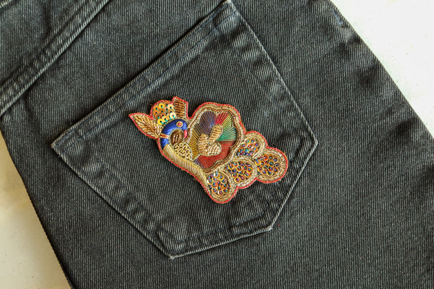 Colourful peacock embroidered patch, Handmade vintage peacock applique, Exotic Indian bird patch, Sew on Applique, DIY Patch