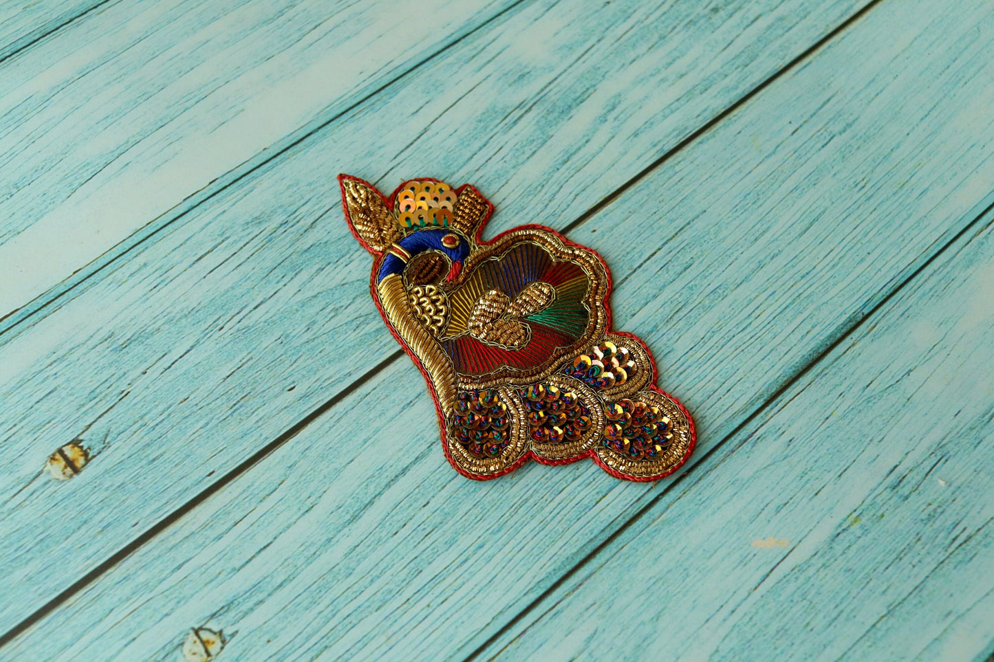 Colourful peacock embroidered patch, Handmade vintage peacock applique, Exotic Indian bird patch, Sew on Applique, DIY Patch