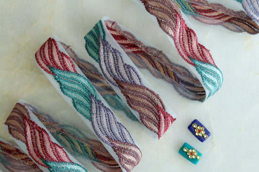 Pastel Pink Braid Embroidered Trim, Net Indian Border,  Teal Purple Lavender Twine Net Lace, Boho Hippie Saree Border, インド刺繍リボン, Price/mtr