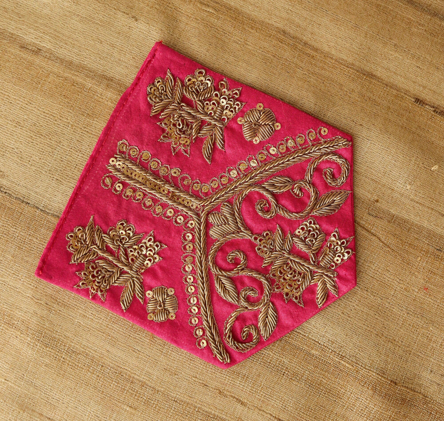 Pink Gold Embroidered Pocket Patch,Handmade Indian Pink Pocket Applique,Boho Kitschy Floral Patch,DIY Denim Jacket Patch