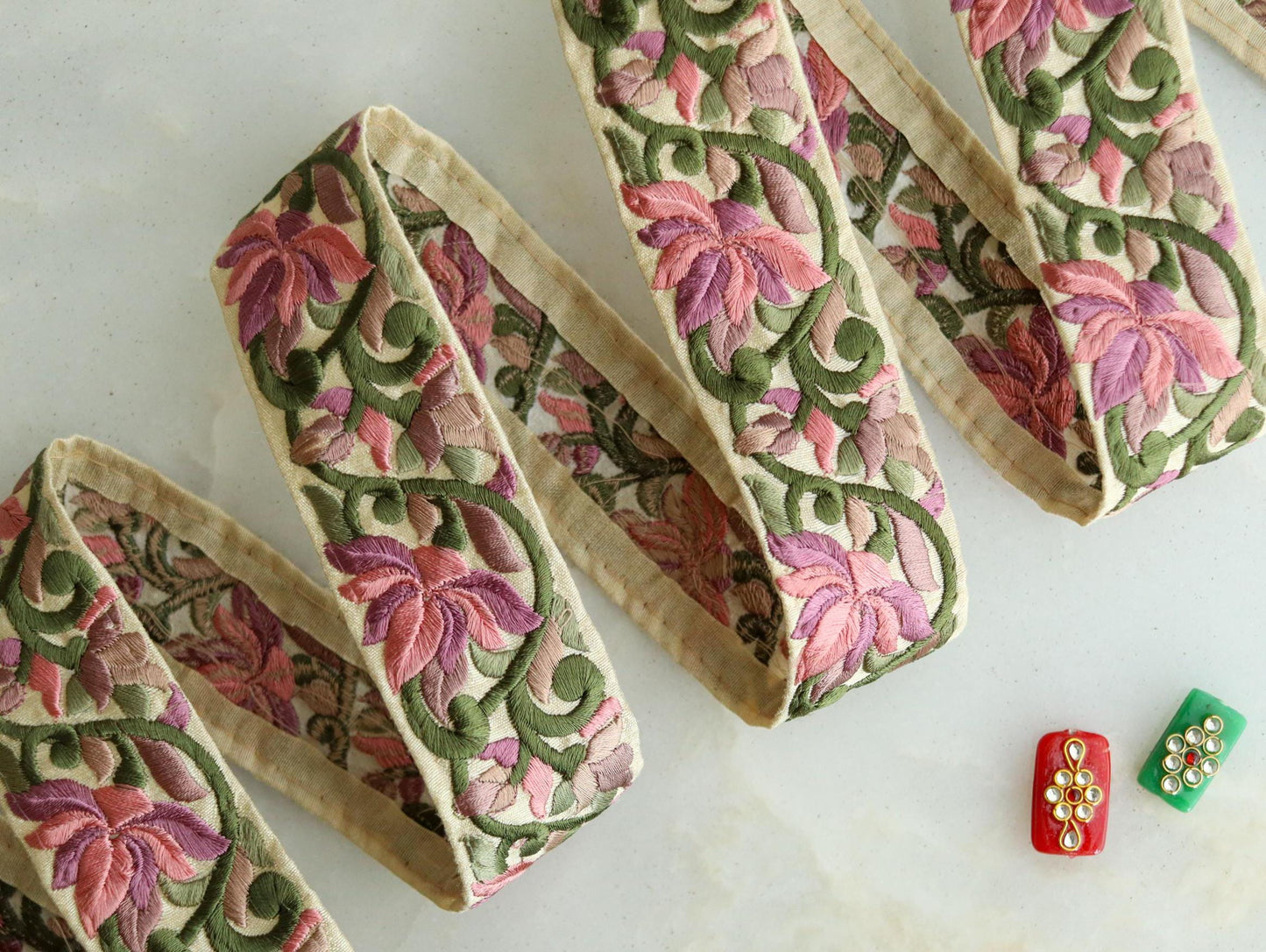 Pink Pastel Floral Embroidered Trim, Indian Fabric Embroidered Border, Pink Floral Lace, Parsi Embroidery Pastel Saree Border, Price/mtr