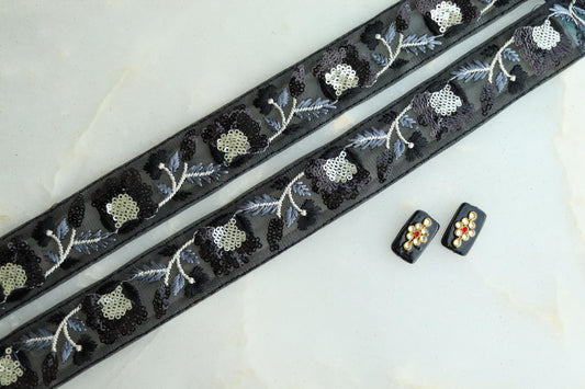 Black Sequin Floral Embroidered Trim, Black Floral Net Border, Floral Sequin Lace, Indian Trim, Black Saree Border, インド刺繍リボン, Price/mtr