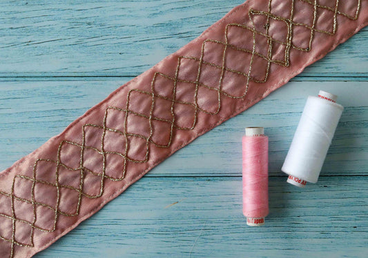 Pink Gold Checks Embroidered Trim,Pink Checks Border,Boho Pink Lace,Indian Fabric Designer Trim,Pink Saree Border,Price/mtr