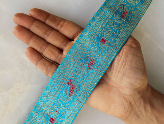 Blue Peacock Elephant Banarasi Trim,Handmade Banarasi Border,Indian Brocade Lace,Designer Bird Blue Saree Border,Price/mtr