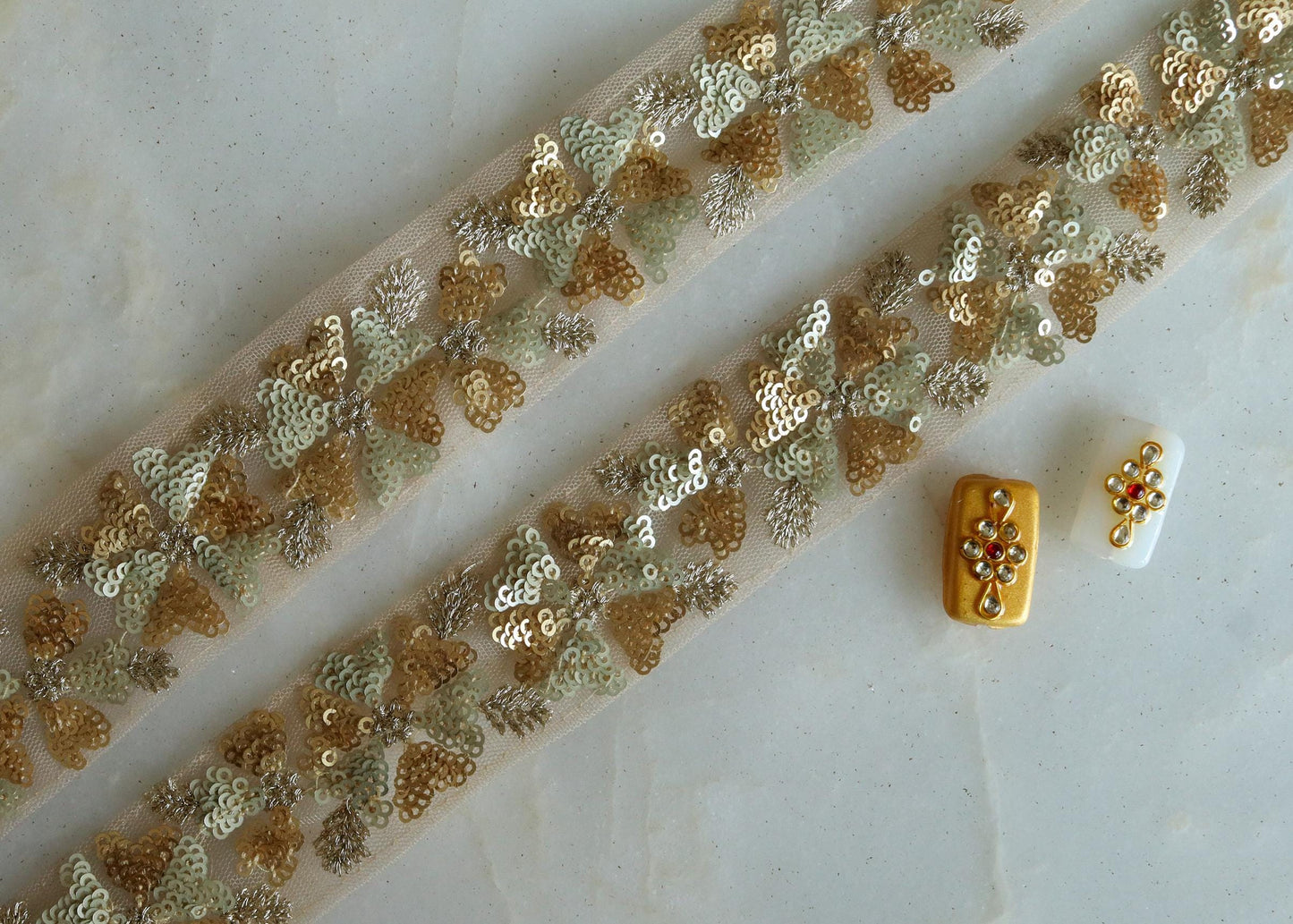 Gold Sequin Net Floral Trim, Light Gold Embroidered Border, Delicate Gold Lace, Indian Fabric Trim, Golden Saree Border, インド刺繍リボン, Price/mtr