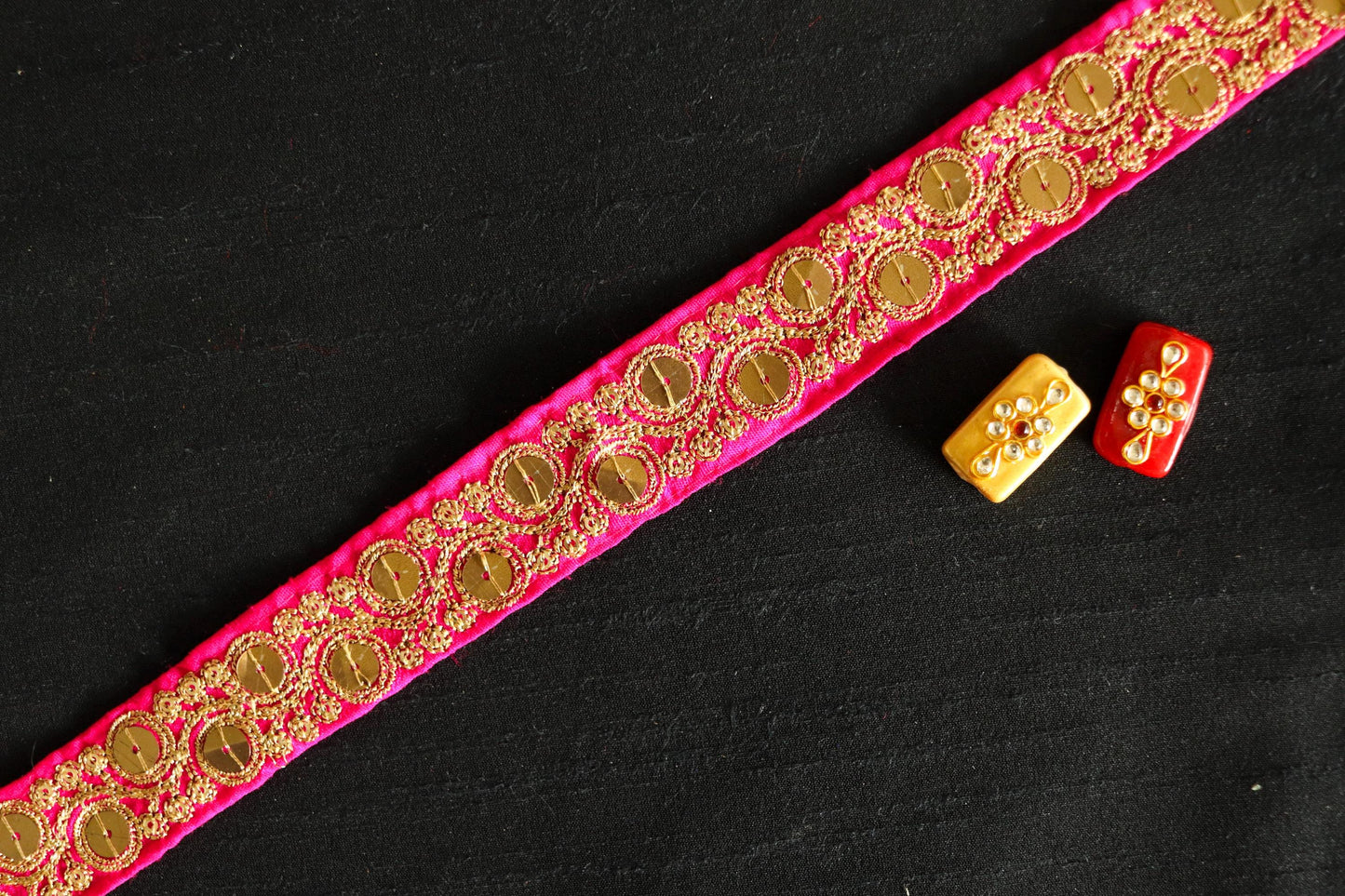Pink Gold Sequin Embroidered Trim, Indian Sequin Border, Pink Floral Lace, Pink Saree Border, Indian Fabric Trim, Price/mtr