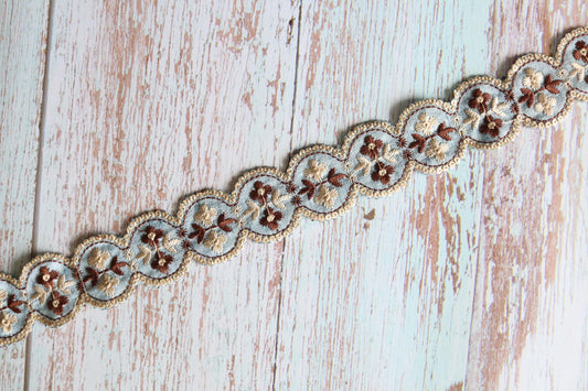 Blue White Scallop Floral Trim, Blue Floral Embroidered Cutwork Lace, Blue Round Saree Border, Indian Fabric Trim, インド刺繍リボン, Price/mt