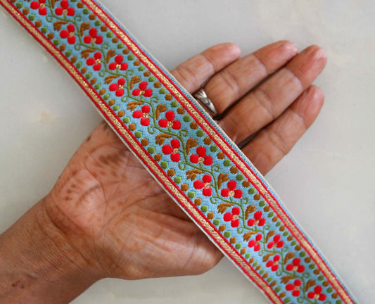 Blue Red Floral Brocade Trim, Jacquard Floral Border, Indian Fabric Lace, Blue Floral Saree Border, Price/mtr