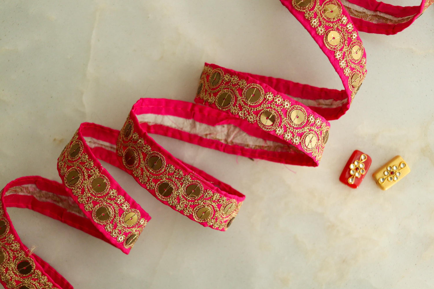Pink Gold Sequin Embroidered Trim, Indian Sequin Border, Pink Floral Lace, Pink Saree Border, Indian Fabric Trim, Price/mtr