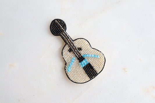 White Guitar beaded embroidered patch, Handmade Black White applique, Quirky patch, Musical instrument applique, Denim Sew on DIY Patch