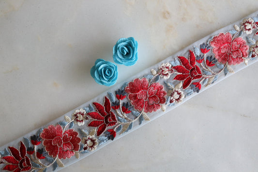 Blue Red Floral Embroidered Trim, Blue Net Floral Border, Blue Red Net Lace, Indian Fabric Trim, Saree Border, インド刺繍リボン, Price/mtr