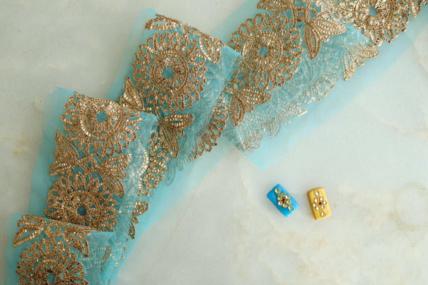 Blue Gold Net Embroidered Trim, Blue Gold Foil Floral Border, Designer Blue Gota Embroidery Lace, Indian Saree Border, インド刺繍リボン, Price/mtr
