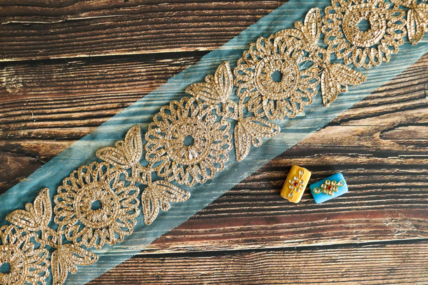 Blue Gold Net Embroidered Trim, Blue Gold Foil Floral Border, Designer Blue Gota Embroidery Lace, Indian Saree Border, インド刺繍リボン, Price/mtr
