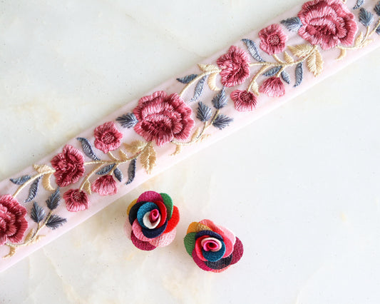 Pink Blue Floral Embroidered Trim, Net Floral Border, Pink Mauve Floral Net Lace, Indian Fabric Trim, Saree Border, インド刺繍リボン, Price/mtr
