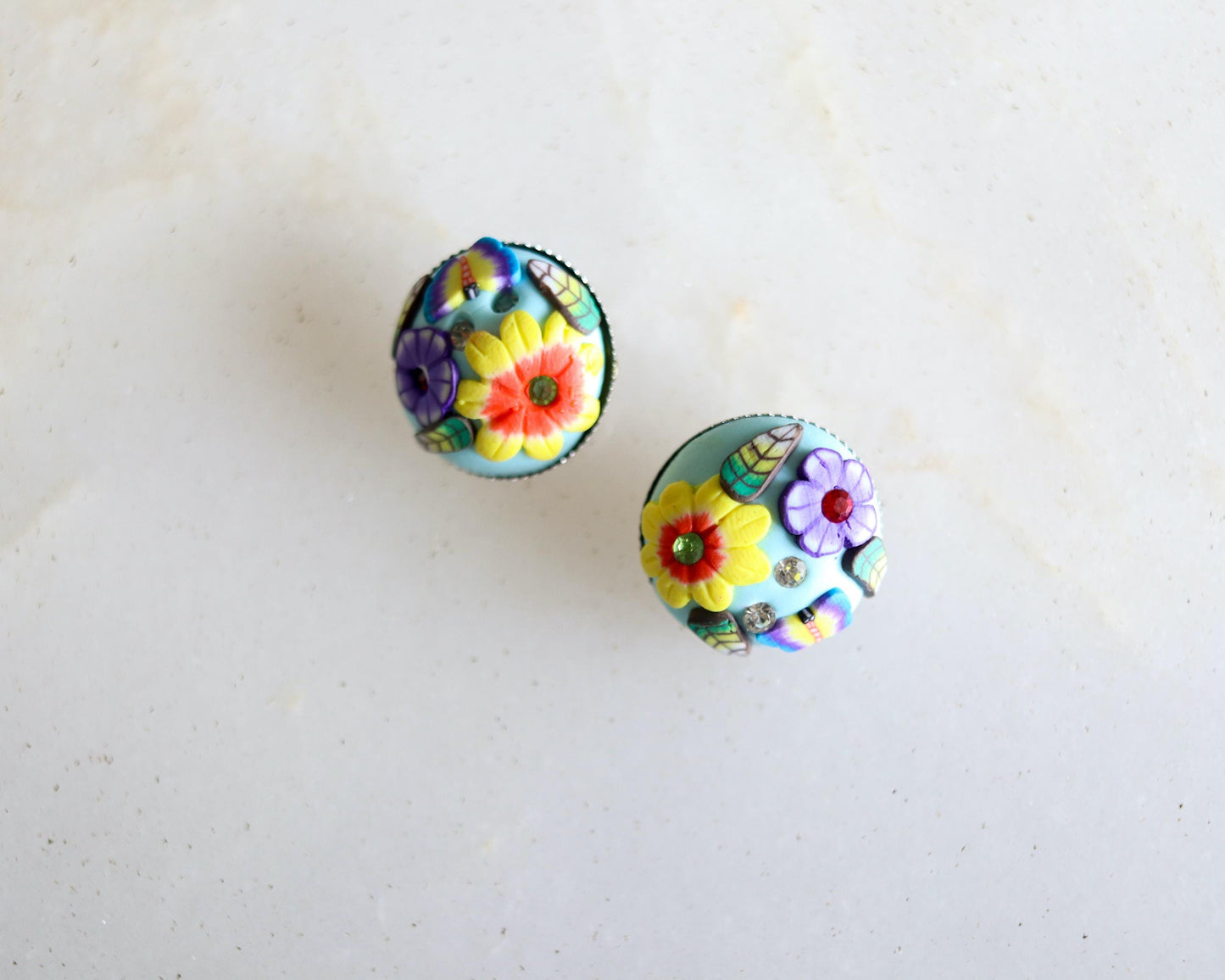 Light Blue Green Floral Buttons, Handmade Cute Quirky Resin Buttons, 3D Miniature Floral Charms, Jacket Tote Bag Sherwani Buttons, 2 pcs