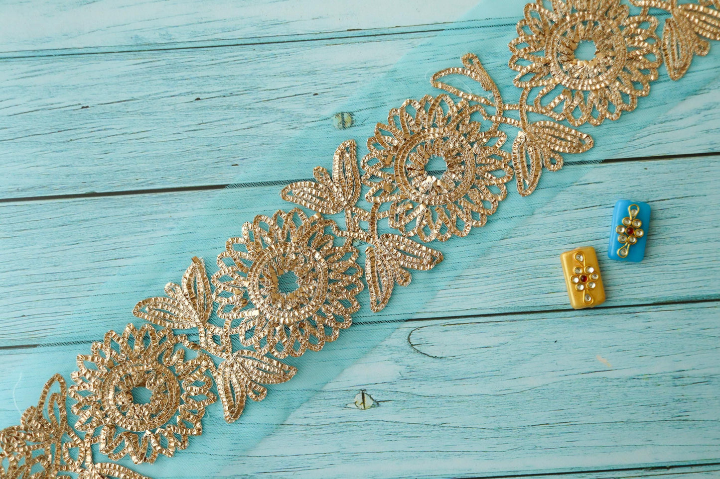 Blue Gold Net Embroidered Trim, Blue Gold Foil Floral Border, Designer Blue Gota Embroidery Lace, Indian Saree Border, インド刺繍リボン, Price/mtr