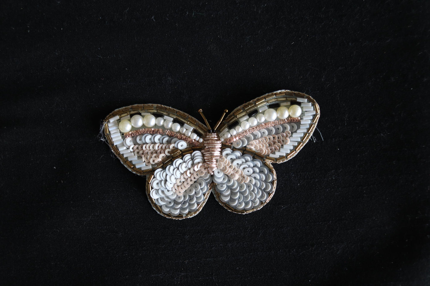 White Gold Butterfly Embroidered Patch, Handmade Beaded Sequin Insect Applique, Boho Quirky Insect Patch, DIY Patch