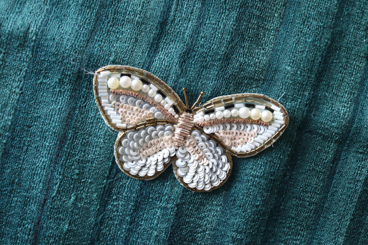 White Gold Butterfly Embroidered Patch, Handmade Beaded Sequin Insect Applique, Boho Quirky Insect Patch, DIY Patch