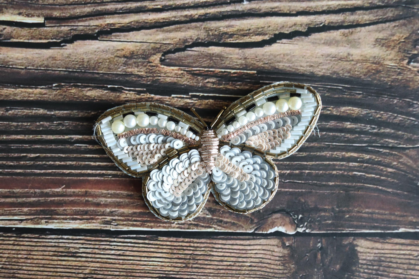 White Gold Butterfly Embroidered Patch, Handmade Beaded Sequin Insect Applique, Boho Quirky Insect Patch, DIY Patch