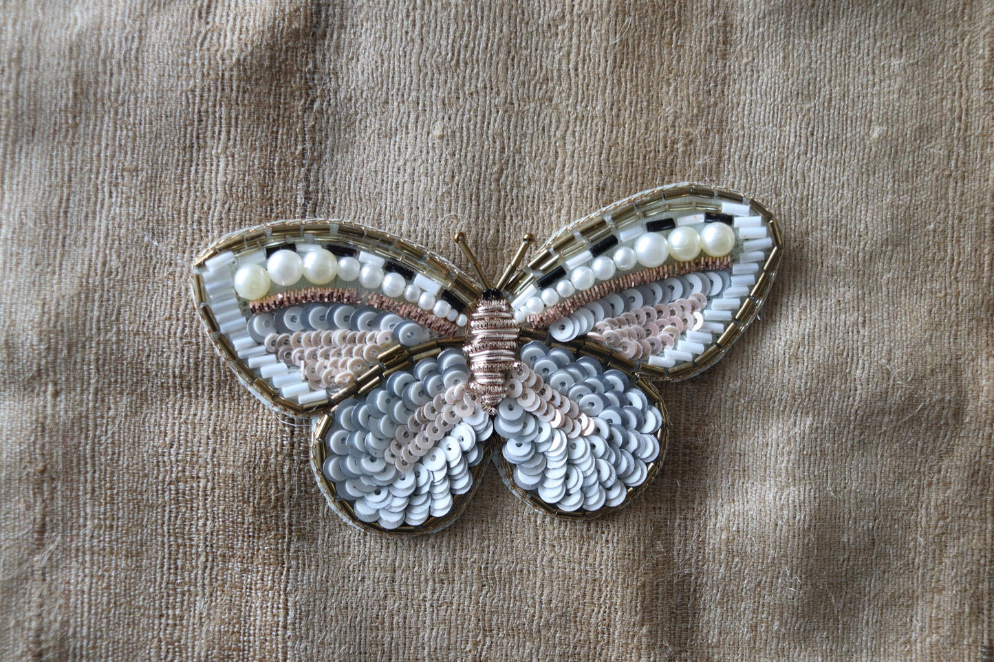 White Gold Butterfly Embroidered Patch, Handmade Beaded Sequin Insect Applique, Boho Quirky Insect Patch, DIY Patch